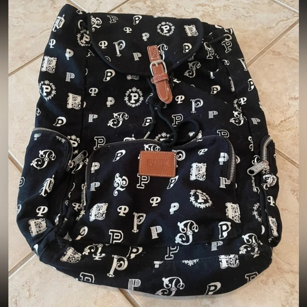 Victoria's Secret Pink Black White P Patterned Drawstring Backpack Multi Use - Picture 1 of 8